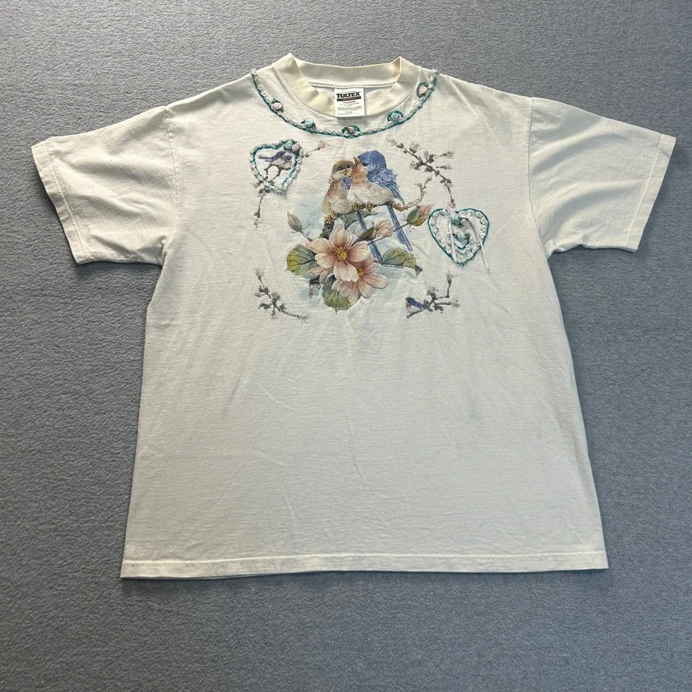 Bird Floral Beaded Glitter Cottagecore Tultex Graphic T Shirt Womens Large USA